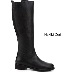 Kadın Siyah Fermuarlı Kauçuk Taban Hakiki Deri Çizme
