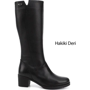 Kadın Siyah Fermuarlı Kalın Topuklu Hakiki Deri Çizme