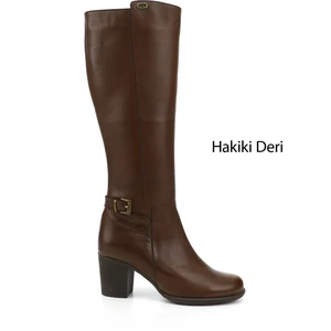 Kadın Kahve Fermuarlı Kalın Topuklu Hakiki Deri Çizme