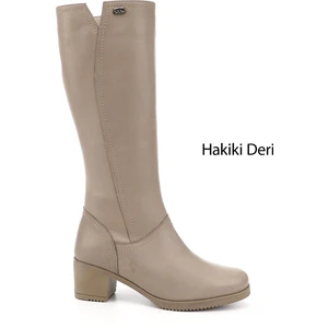 Kadın Bej Fermuarlı Kalın Topuklu Hakiki Deri Çizme
