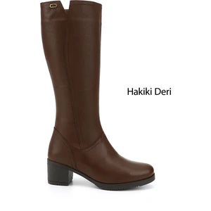 Kadın Koyu Kahve Fermuarlı Kalın Topuklu Hakiki Deri Çizme