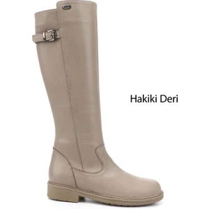 Kadın Bej Fermuarlı Kauçuk Taban Hakiki Deri Çizme
