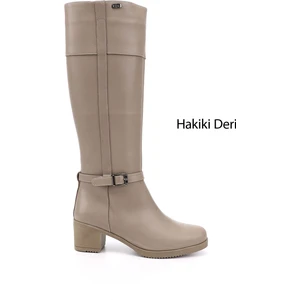 Kadın Bej Fermuarlı Kalın Topuklu Hakiki Deri Çizme