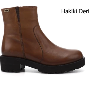 Kadın Taba Antik Fermuarlı Kalın Topuklu Hakiki Deri Bot