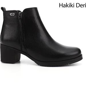 Kadın Siyah Floter Fermuarlı Kalın Topuklu Hakiki Deri Bot