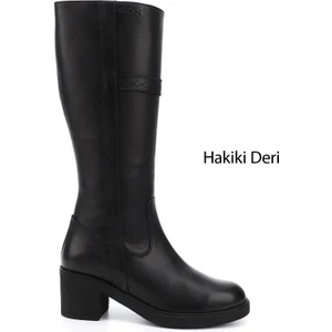 Kadın Siyah Fermuarlı Kalın Topuklu Hakiki Deri Çizme