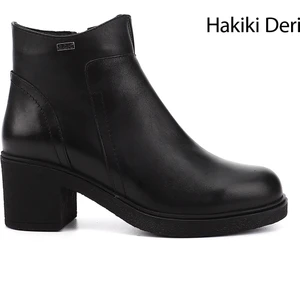 Kadın Siyah Fermuarlı Kalın Topuklu Hakiki Deri Bot