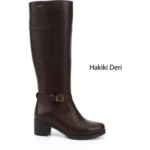Kadın Koyu Kahve Fermuarlı Kalın Topuklu Hakiki Deri Çizme