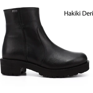 Kadın Siyah Fermuarlı Kalın Topuklu Hakiki Deri Bot