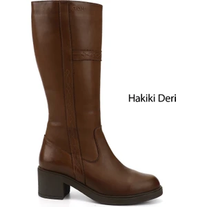 Kadın Kahve Fermuarlı Kalın Topuklu Hakiki Deri Çizme