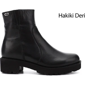 Gön Hakiki Deri Yuvarlak Burun Topuklu Kauçuk Taban Fermuarlı Kadın Günlük Bot 52421