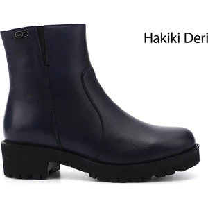 Kadın Lacivert Fermuarlı Kalın Topuklu Hakiki Deri Bot