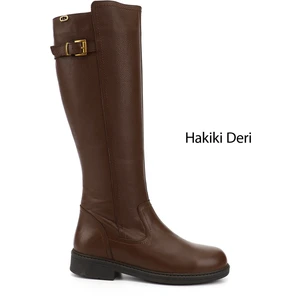 Kadın Kahve Fermuarlı Kauçuk Taban Hakiki Deri Çizme