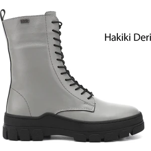 Kadın Gri - Gri Fermuarlı Kauçuk Taban Hakiki Deri Postal Bot