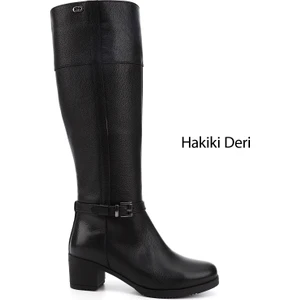 Kadın Siyah Floter Fermuarlı Kalın Topuklu Hakiki Deri Çizme