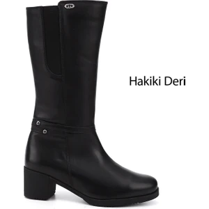 Kadın Siyah Fermuarlı Kalın Topuklu Hakiki Deri Çizme