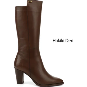 Kadın Kahve Antik Sivri Burun Kalın Topuklu Hakiki Deri Çizme