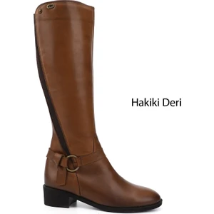 Kadın Taba Fermuarlı Kalın Topuklu Hakiki Deri Çizme
