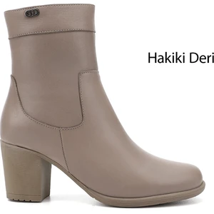 Kadın Bej Fermuarlı Kalın Topuklu Hakiki Deri Bot