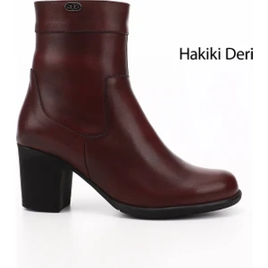 Kadın Antik Bordo Fermuarlı Kalın Topuklu Hakiki Deri Bot