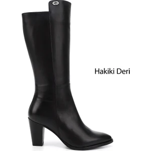 Kadın Siyah  Sivri Burun Kalın Topuklu Hakiki Deri Çizme
