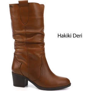 Kadın Taba Antik Kalın Topuklu Körüklü Hakiki Deri Çizme