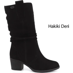 Kadın Siyah Deri Kalın Topuklu Körüklü Hakiki Deri Çizme