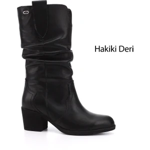 Kadın Siyah Kalın Topuklu Körüklü Hakiki Deri Çizme