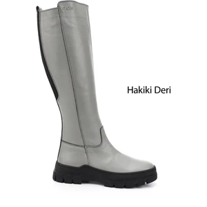 Kadın Gri Fermuarlı Kauçuk Taban Hakiki Deri Çizme