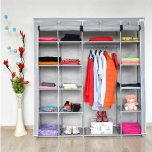 Çelik Profilli Ekstra Çift Yandan Raflı Bez Dolap - Gri | 17 Raflı, 60CM Askılık, Mega Boy