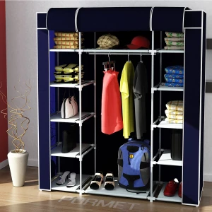 Güçlendirilmiş Plastik Profilli Çift Taraflı Raf, 12 Raf, 60CM Askı, Portatif&bez Dolap-Lacivert