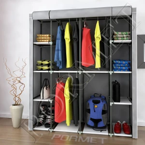 Geniş Hacimli Ultra Geniş 4 Askılı+12 Raflı Güçlendirilmiş Plastik Profilli Bez Dolap - Siyah