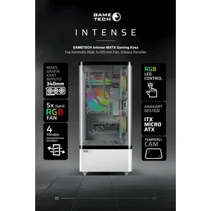 Intense Beyaz 600W 80P Tuş Kontrol Rgb 5X120MM Fan Özel Tak Çıkar Vidasız Kapaklar MATX Gaming Kasa