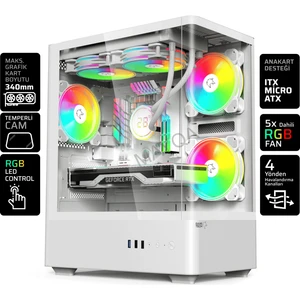 Intense Beyaz Tuş Kontrollü Rgb 5X120 mm Fan Özel Tak Çıkar Vidasız Kapaklar MATX Gaming Kasa