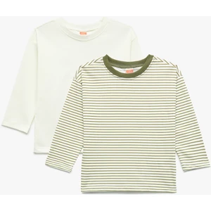 Pamuklu Uzun Kollu Bisiklet Yaka Çizgili 2'li Tişört Seti