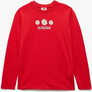 Uzun Kollu Bisiklet Yaka Çiçek Baskılı Pamuklu Tişört