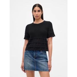 Kadın Siyah Linen-Blend Pointelle Kazak Kısa Üst