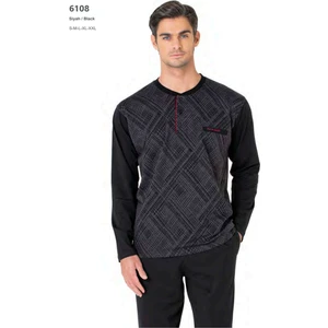 Pierre Cardin 6108 Erkek Uzun Kollu Yakası Düğmeli Pijama Takım-Siyah
