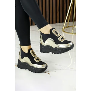 Erkan Saçmacı Almendra Altın Streç Taşlı Gizli Dolgu Topuklu Günlük Ayakkabı