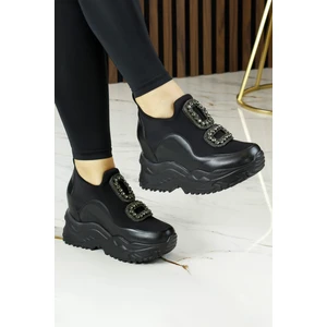 Erkan Saçmacı Almendra Siyah Streç Taşlı Gizli Dolgu Topuklu Günlük Ayakkabı