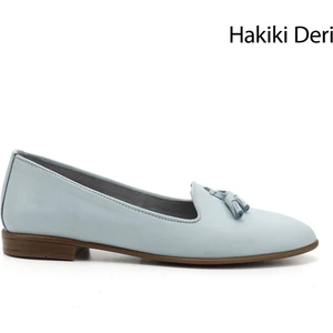 Kadın Mavi Hakiki Deri Püsküllü Babet