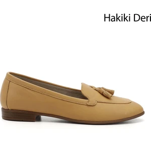 Gön Hakiki Deri Yuvarlak Burun Düz Taban Püsküllü Kadın Babet 24259