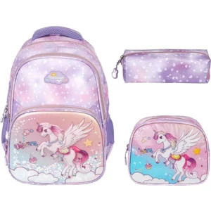 Kabartmalı Unicorn Figürlü Pullu 3'Lü İlkokul Çantası Beslenme Kalemlik Seti 1370