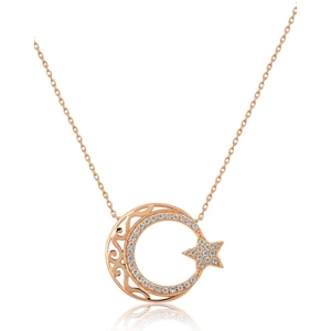 Papatya Silver Motifli Ayyıldız Figürlü Rose Altın Kaplama Nano Zirkon Kolye