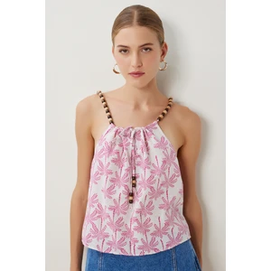 Boncuk Detaylı Desenli Keten Bluz LFH0006 Taş Pembe