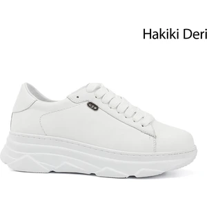 Kadın Beyaz Bağcıklı Dolgu Taban Hakiki Deri Sneaker