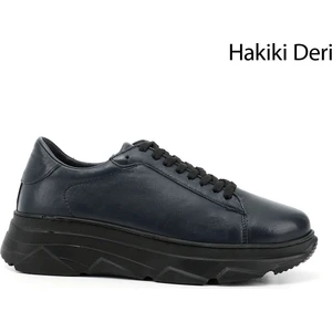 Kadın Lacivert Bağcıklı Dolgu Taban Hakiki Deri Sneaker