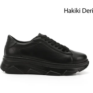 Kadın Siyah Bağcıklı Dolgu Taban Hakiki Deri Sneaker