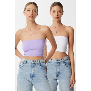 Straplez Fitilli Örme 2'li Paket Büstiyer LUB0211 Lila Beyaz