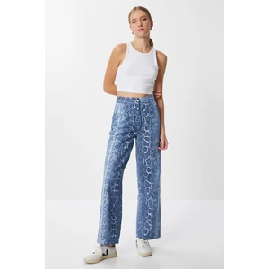 Desenli Cepli Geniş Paça Dokuma Pantolon LFH0011 Mavi